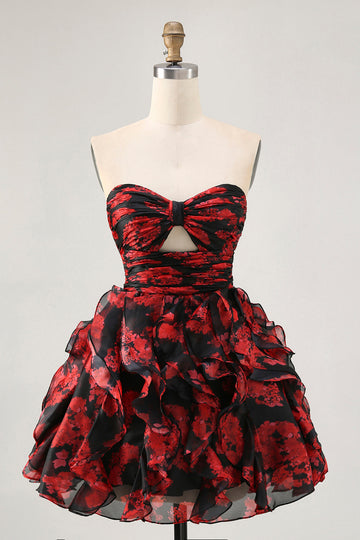 Black Red Strapless Ruffled Printed Cut Out Homecoming Dress